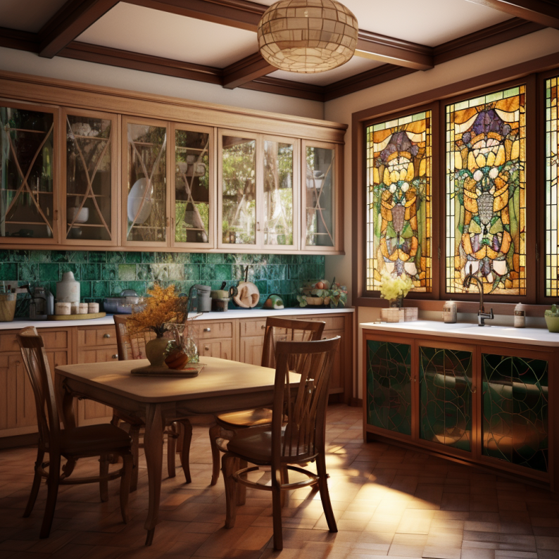 art nouveau kitchen with stained glass window