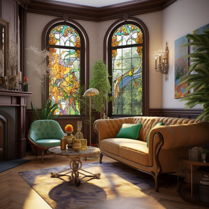 art nouveau sitting area with stained glass windows