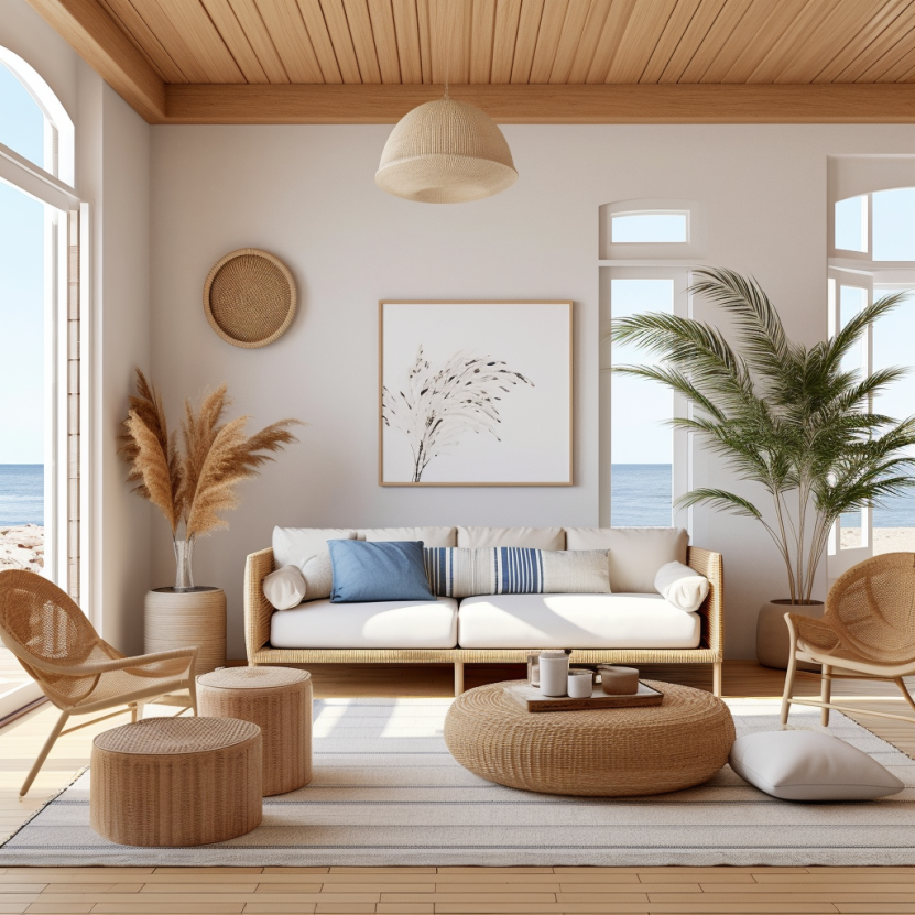 Coastal interior design living room with wicker couch and large windows