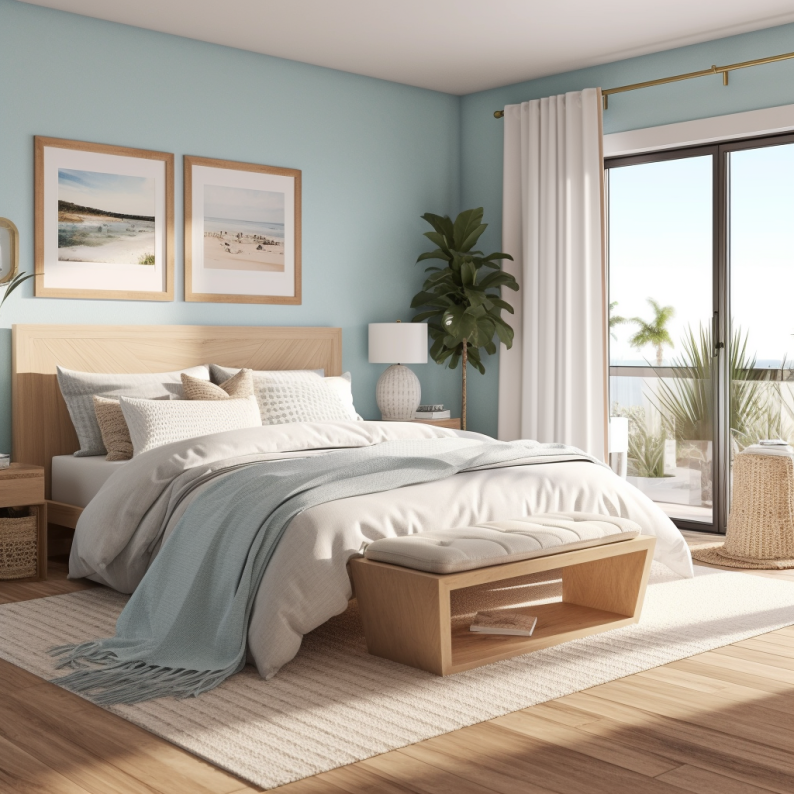 coastal style bedroom with floor to ceiling windows and neutral colors