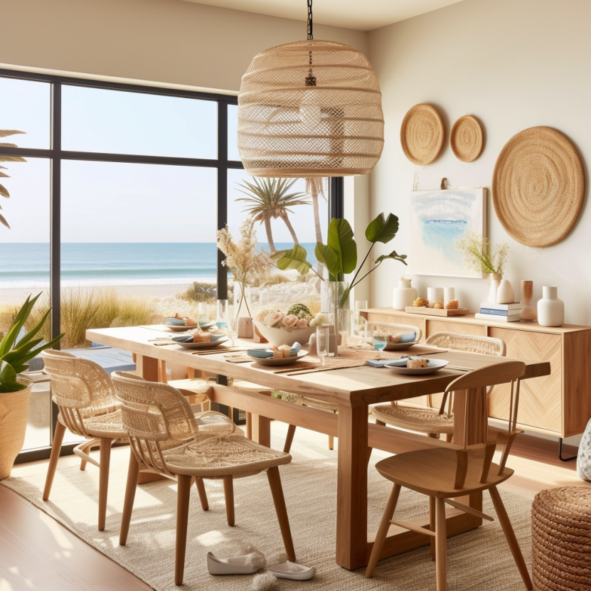 California coastal dining room with large window and beach view