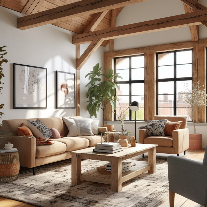 A warmly lit modern rustic living room