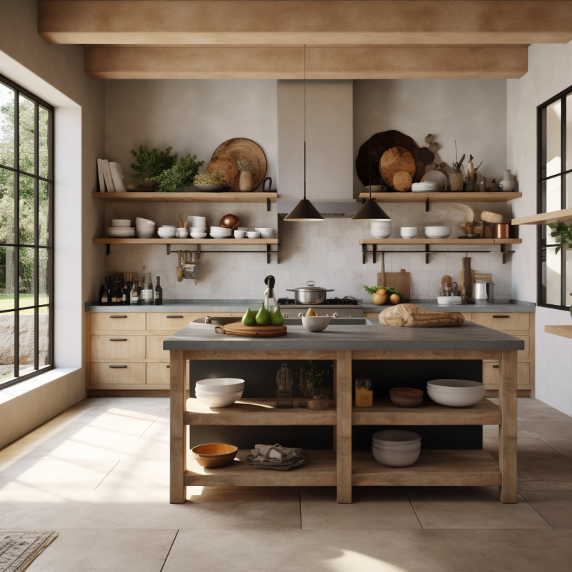 modern rustic kitchen with light wood and plates/bowls