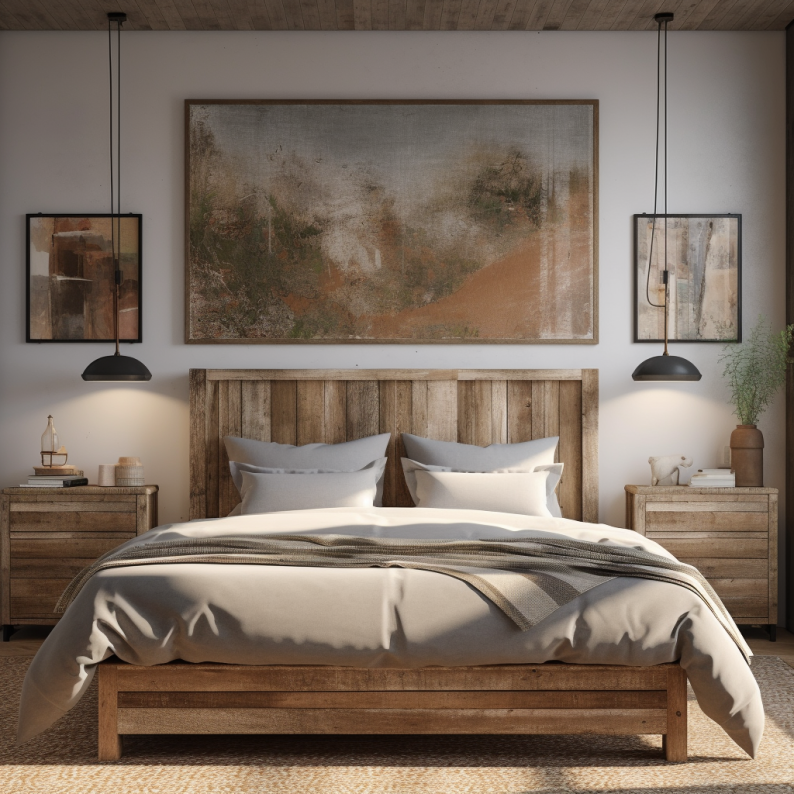 a rustic and modern bedroom with artwork