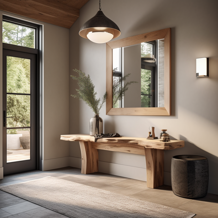 modern rustic foyer with natural wood table