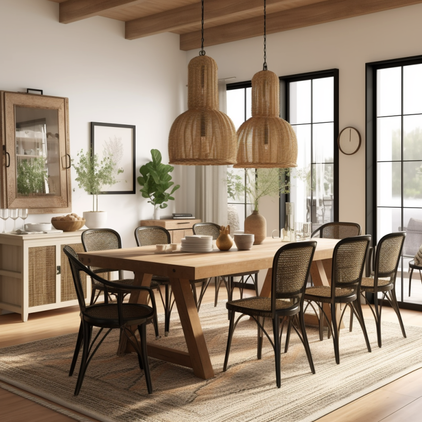 modern rustic dining room with wicker lamp