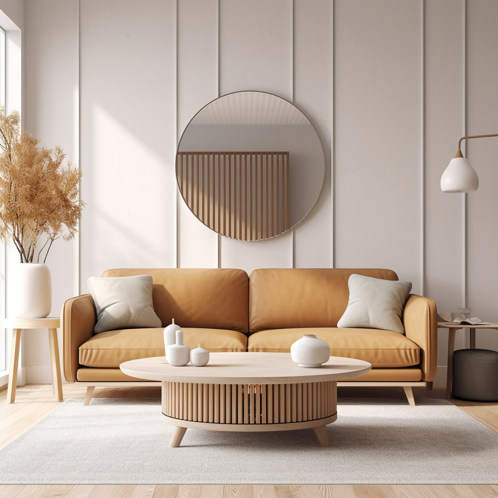 Scandinavian Decorated living room with light leather couch