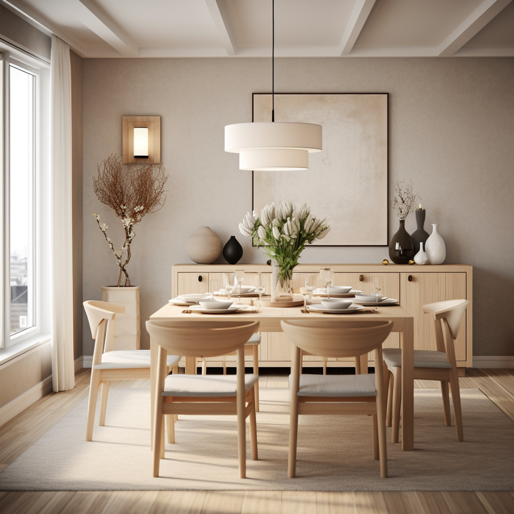 Scandi design dining room featuring light wooden chairs, paper lamp, and neutral colors