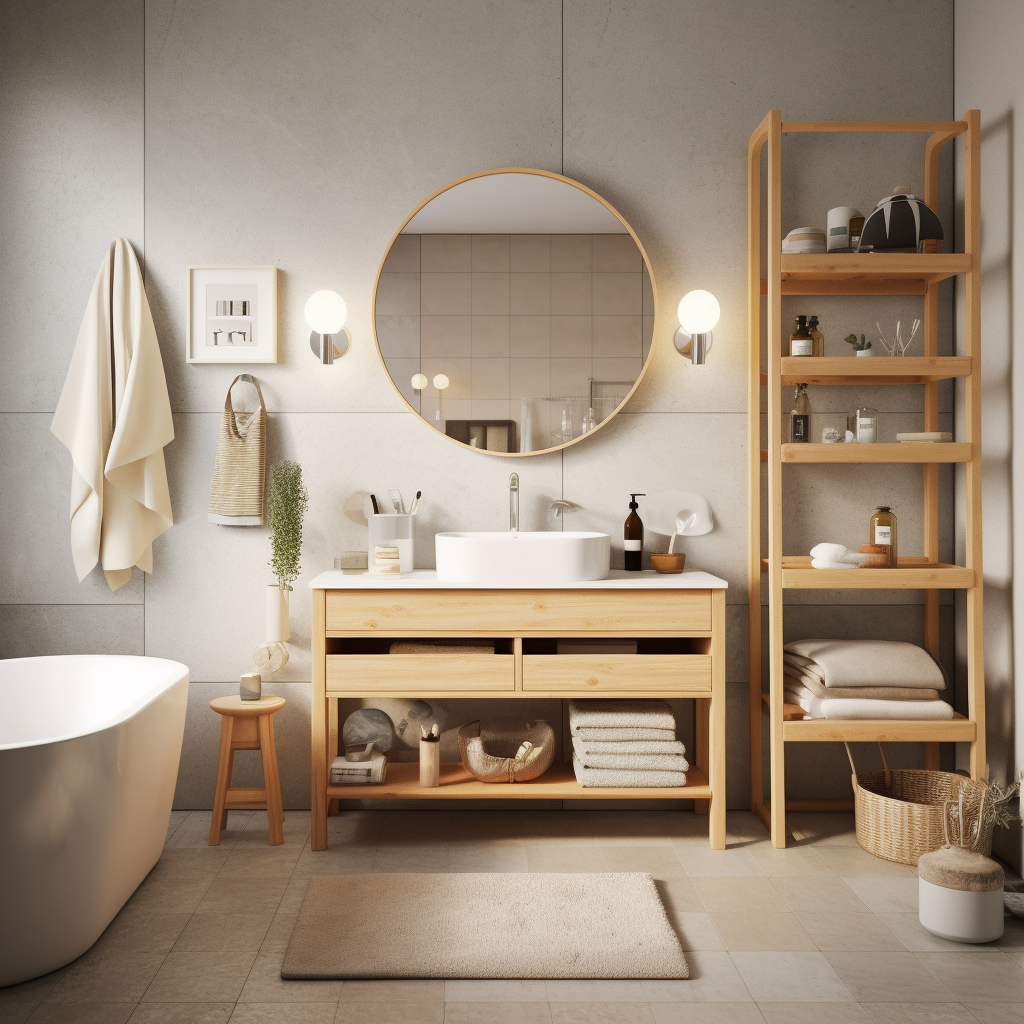 Nordic inspired bathroom with round mirror, standalone tub, and wooden shelving