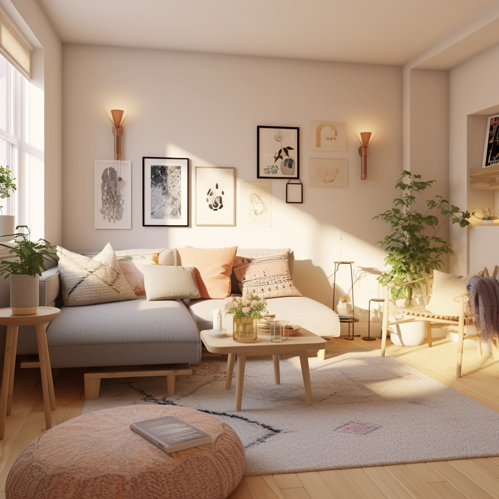 Seating area in a Scandinavian decorated living room with warm light and lots of pillows