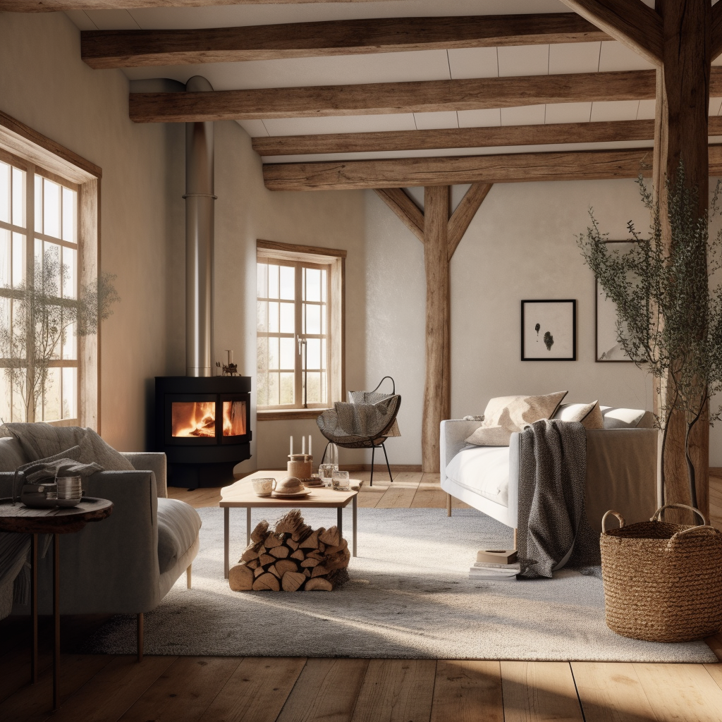 Rustic Scandi living room with indoor fireplace