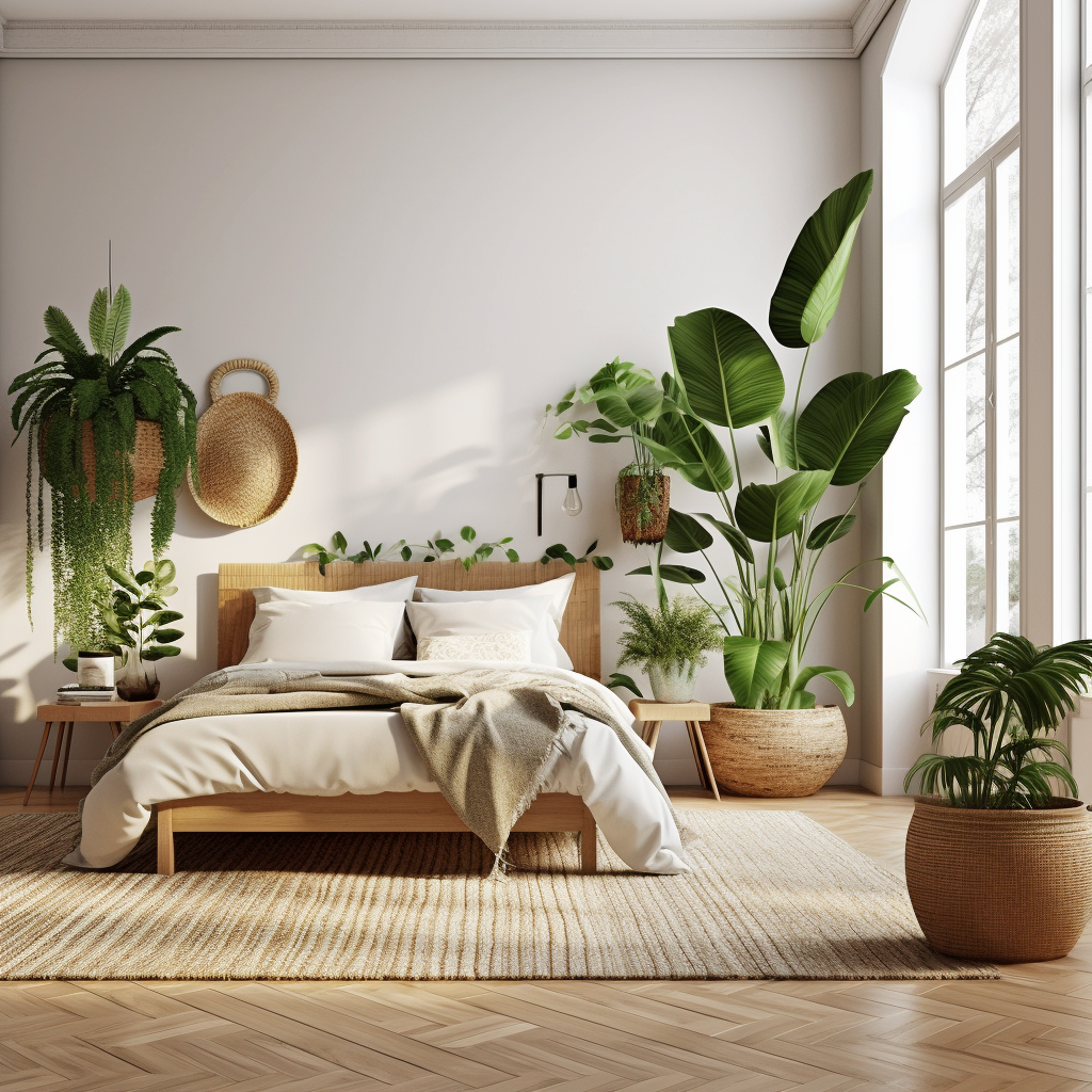 Scandi decorated bedroom with lots of plants and beige colors