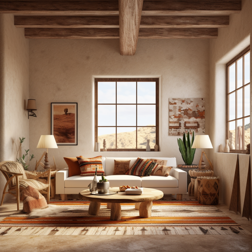 a southwestern style interior designed room with navajo striped rug