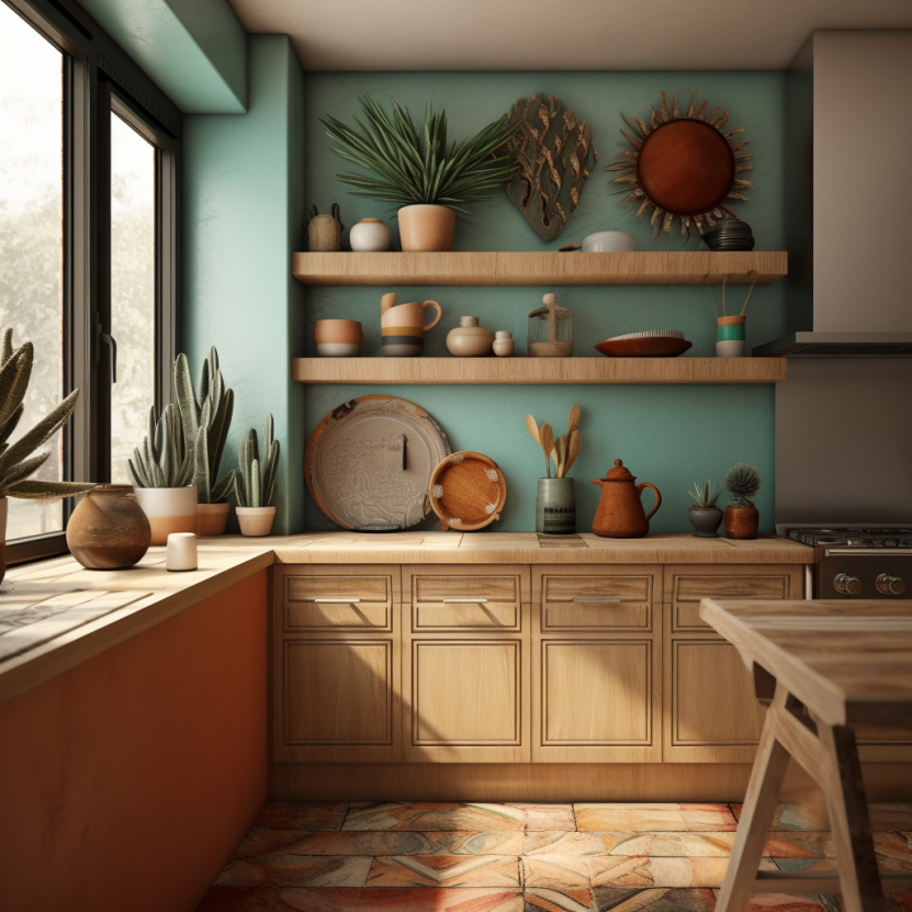 a southwestern inspired kitchen with handmade pottery and large windows