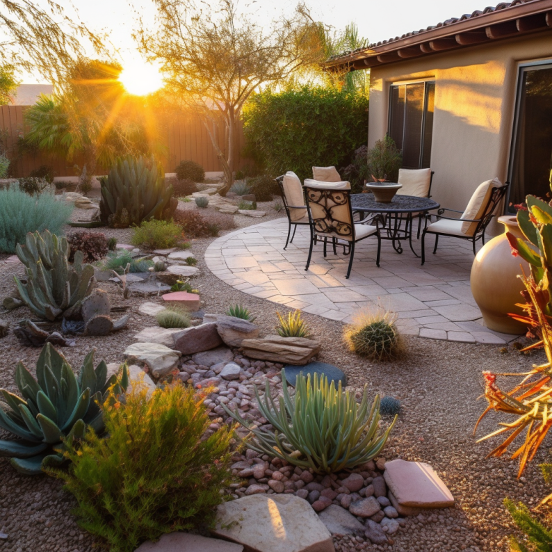 a southwestern style patio and yard