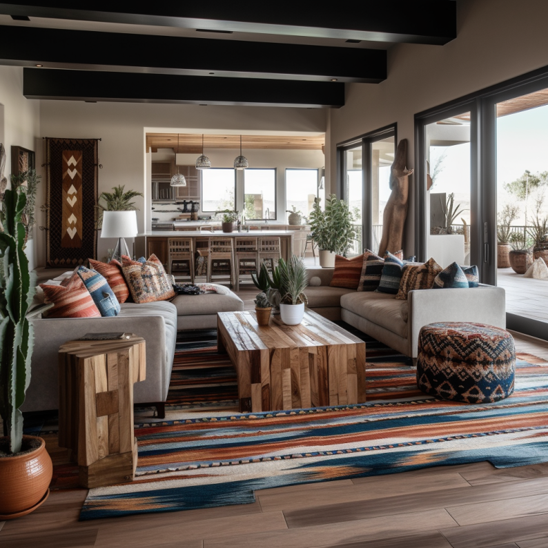 a southwestern themed living room with large windows and wooden ottoman
