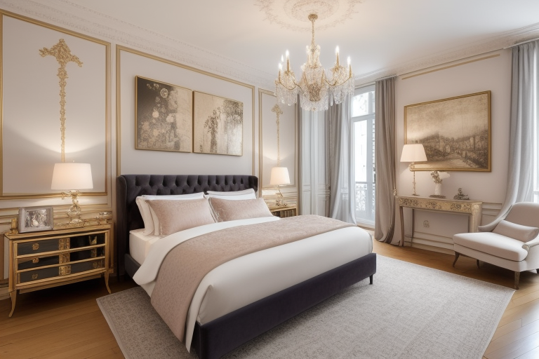 Parisian style bedroom with artwork, lighting, and furniture