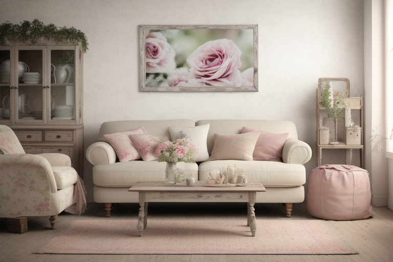 Shabby Chic living room with a floral sofa and pastel colors