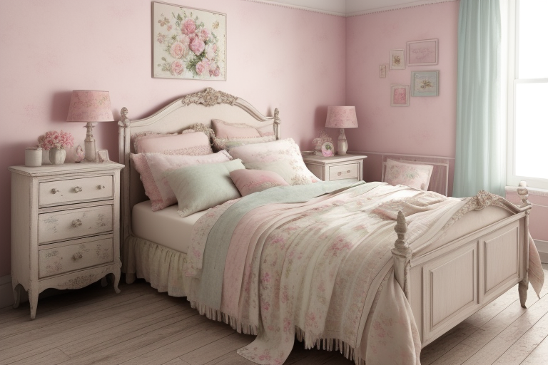 Shabby Chic bedroom with pastel colors and distressed furniture