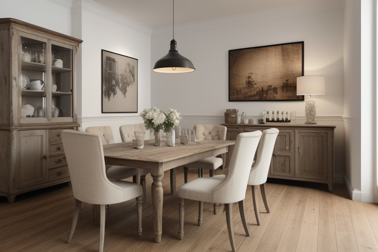 Shabby Chic dining room with vintage artwork and distressed furniture