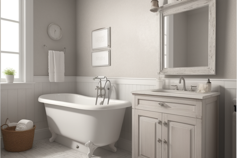 Shabby Chic bathroom with distressed vanity and pastel-colored towels