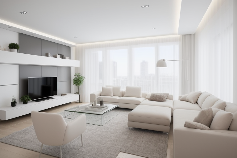 Spacious contemporary living room with clean lines and a mix of textures.