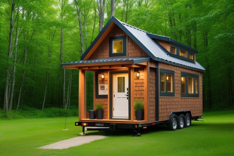 Exterior view of a modern, two-story tiny house