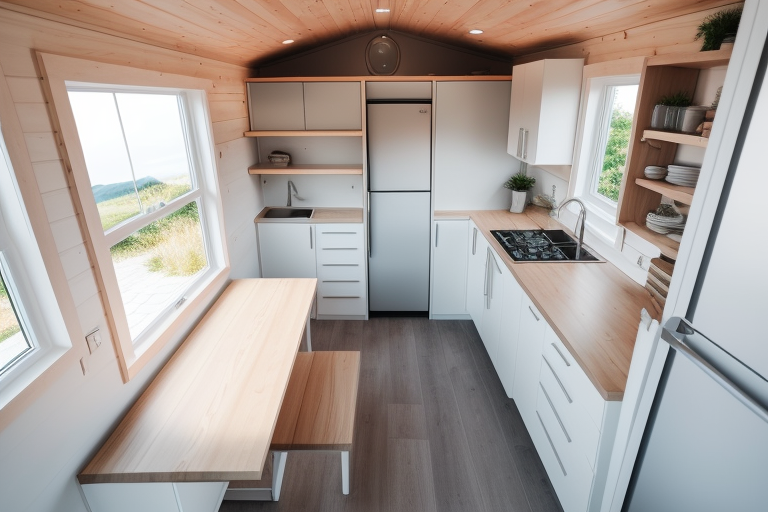 A bright, spacious tiny house interior with multi-purpose furniture