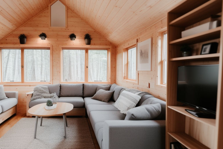 Cozy tiny house living room with efficient lighting and multi-purpose furniture