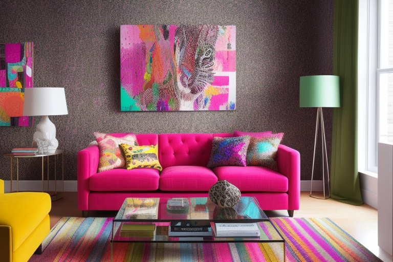 Maximalist living room with vibrant furniture and various textures.