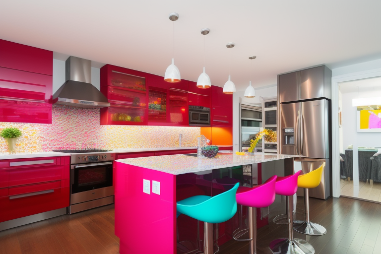 Maximalist kitchen with a bold color scheme, eclectic furniture, and personal decorations.