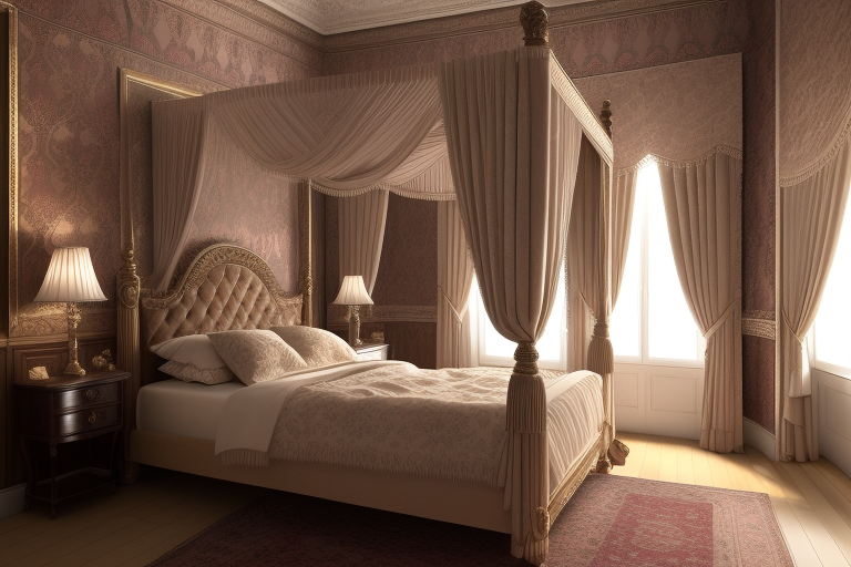 Victorian-style bedroom with ornate details and luxurious textiles