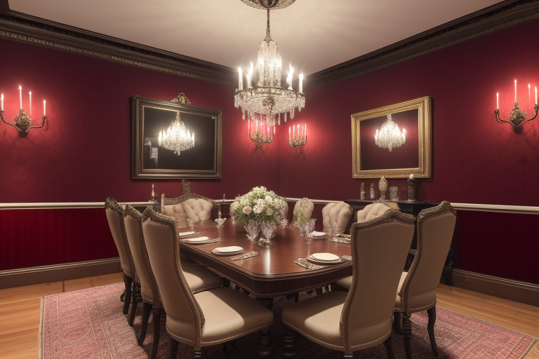 Victorian-style dining room with grand artwork and soft lighting