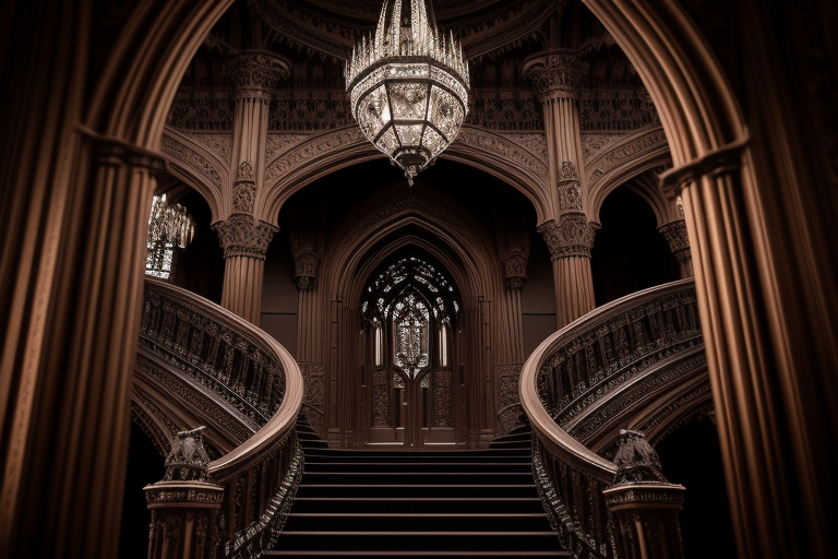 Gothic Victorian-style foyer with dramatic architectural details and lighting